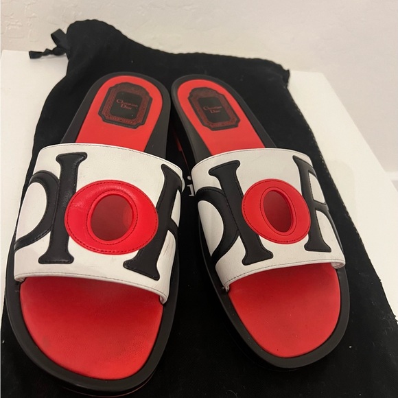 Christian Dior Red Black & White Leather Slides - Picture 7 of 8